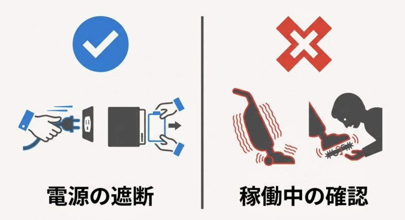 掃除機が異物を吸い込んだ直後に電源を切り、安全な状態でヘッドの回転ブラシを確認する手順のイラスト