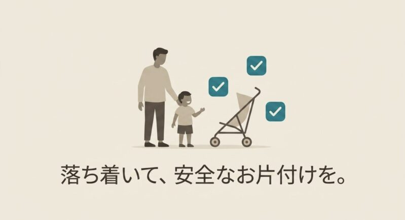 親子が並んで笑顔でおもちゃのベビーカーを片付けた様子のイラスト