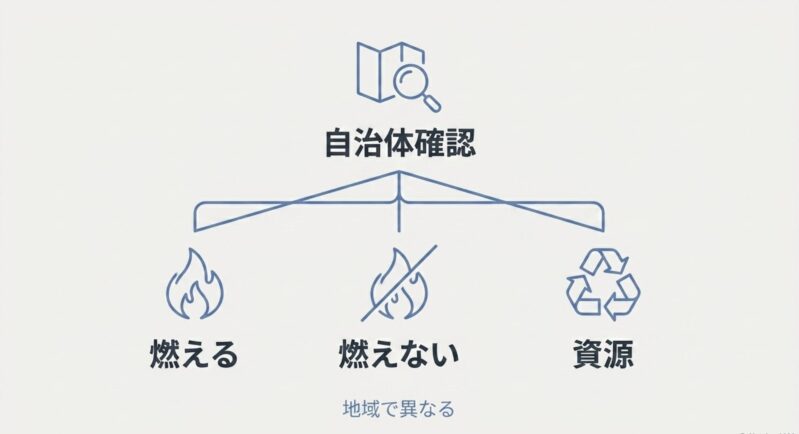 燃えるごみ、燃えないごみ、資源ごみの分別と自治体ルールの確認を促すイラスト