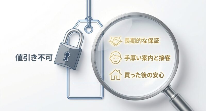 指定価格制度の特徴（値引き不可による、長期的な保証、手厚い案内と接客、買った後の安心感へのシフト）