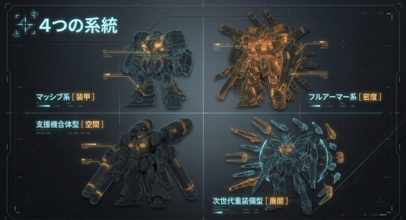 マッシブ系、フルアーマー系、支援機合体型、次世代重装備型の4系統に分類した図解