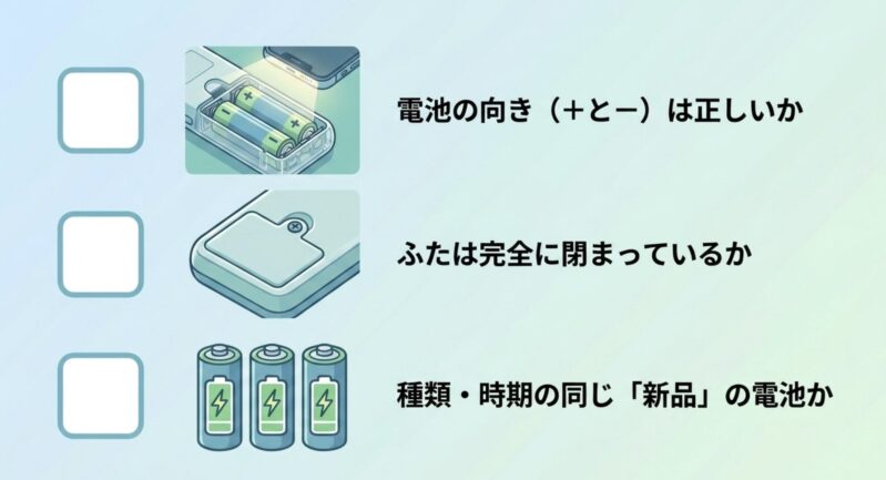 スマホのライトを当てておもちゃの電池の向きとフタの閉まりを確認する様子