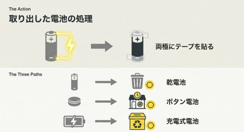 取り出した電池の両極にテープを貼って絶縁した後、乾電池はごみ箱、ボタン電池は回収店、充電式電池はリサイクルボックスへ捨てる手順