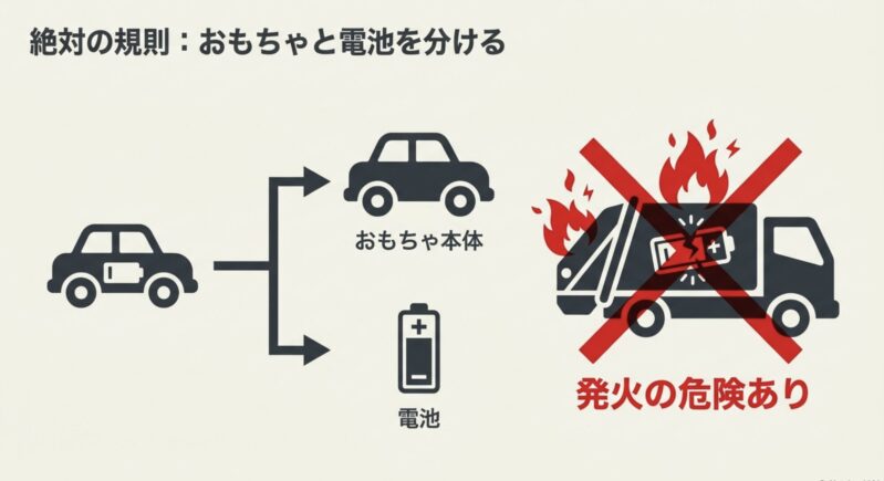 ごみ収集車での発火の危険性を防ぐため、おもちゃ本体と電池を必ず分けることを示す図解