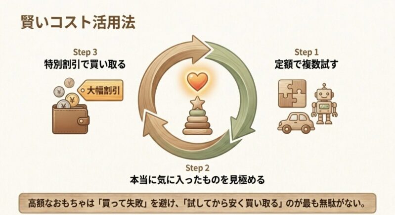 定額で複数のおもちゃを試し、本当に気に入ったものだけを大幅割引で買い取るという賢いコスト活用の3ステップ図解