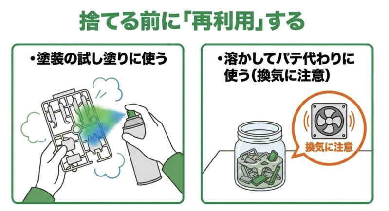 捨てる前のランナーを塗装の試し塗りに使ったり、換気に注意しながら溶かしてパテ代わりに再利用する方法