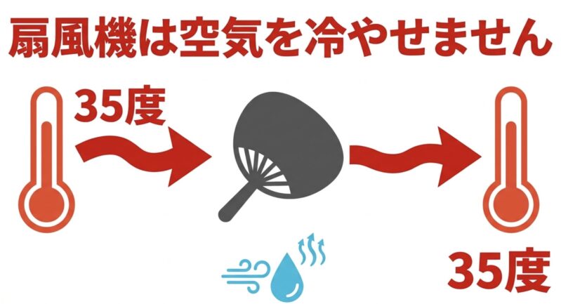 扇風機やハンディファンは空気を冷やせないという事実を示すテキスト