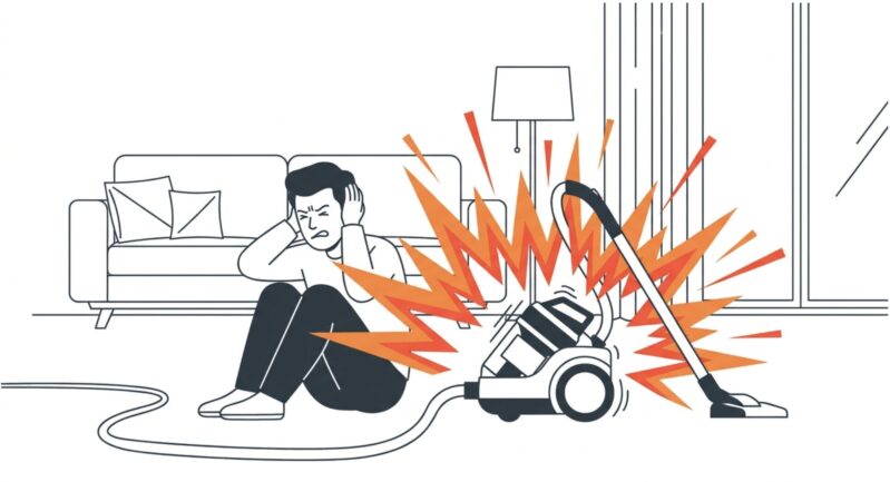 掃除機の騒音に悩まされる男性のイラスト