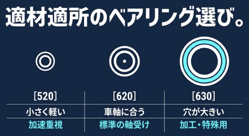 ミニ四駆で使われる520、620、630ベアリングのサイズ感や用途の違いを比較した表