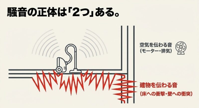 掃除機の騒音の正体である空気を伝わる音(モーターや排気)と建物を伝わる音(床や壁への衝撃)のメカニズム