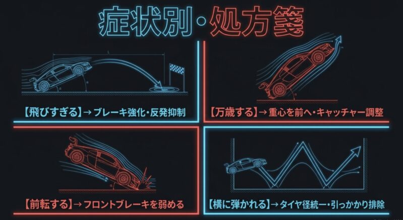 飛びすぎ、万歳、前転、横弾きなど、ミニ四駆のジャンプ症状別処方箋を示す軌道図
