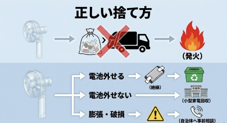 電池を取り外せる場合、外せない場合、膨張・破損している場合など、状態別のハンディファンの正しい捨て方を示す図解