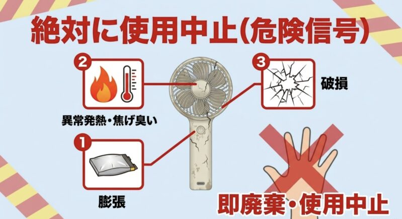 ハンディファンの異常発熱、バッテリー膨張、本体破損を示す危険信号のイラスト