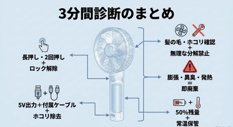 ハンディファンが動かない時の原因と直し方(充電、ホコリ除去、ロック解除、危険信号)の全体まとめ図解