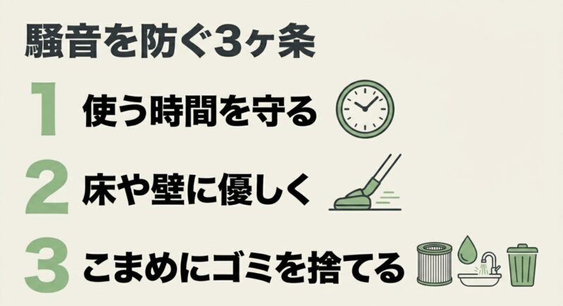 掃除機の騒音を防ぐ3ヶ条(1.使う時間を守る、2.床や壁に優しく、3.こまめにゴミを捨てる)のまとめ