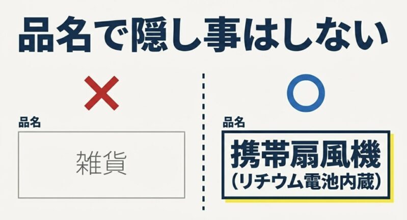 送り状の品名欄は雑貨と書かず、携帯扇風機（リチウム電池内蔵）と正確に記載する