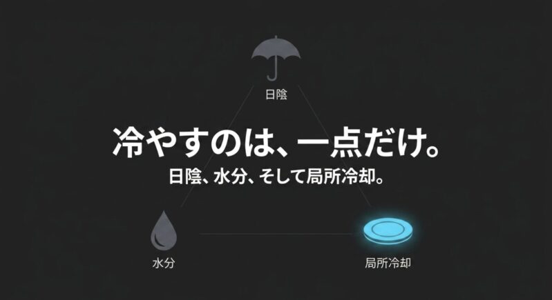 日陰への移動、水分補給、そしてペルチェ式ハンディファンによる局所冷却を組み合わせた猛暑対策の基本
