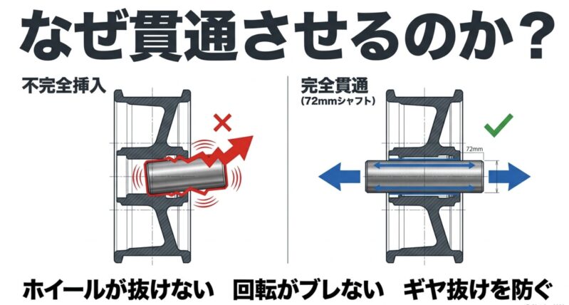 ミニ四駆の72mmシャフト貫通の効果（ホイール抜け防止と回転ブレの軽減）