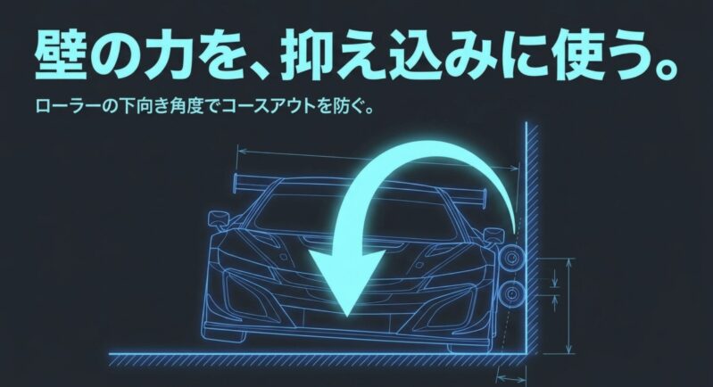ローラーの下向き角度で壁の力を抑え込みに使い、コースアウトを防ぐ仕組みの図解