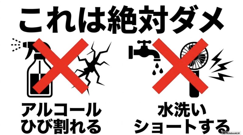 ひび割れやショートの原因となるため、ハンディファン掃除でのアルコール使用と水洗いを禁止する図解