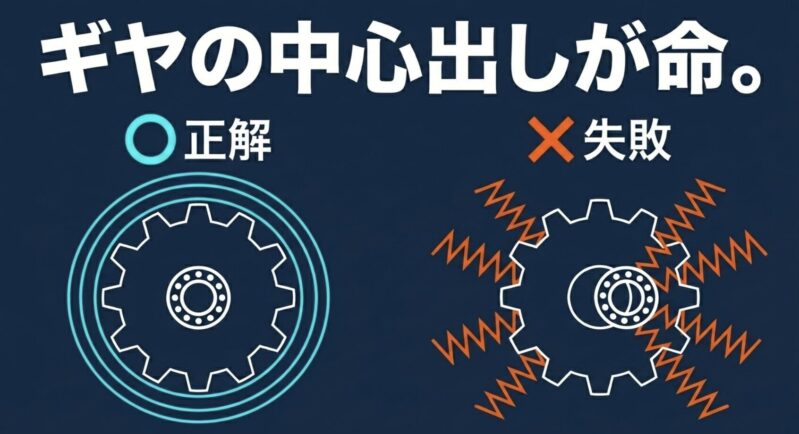 ミニ四駆のフローティング加工におけるギヤの中心出しの正解例と失敗例の比較