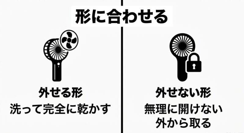 分解できるハンディファンと分解できないハンディファンそれぞれの掃除方針を示す図解
