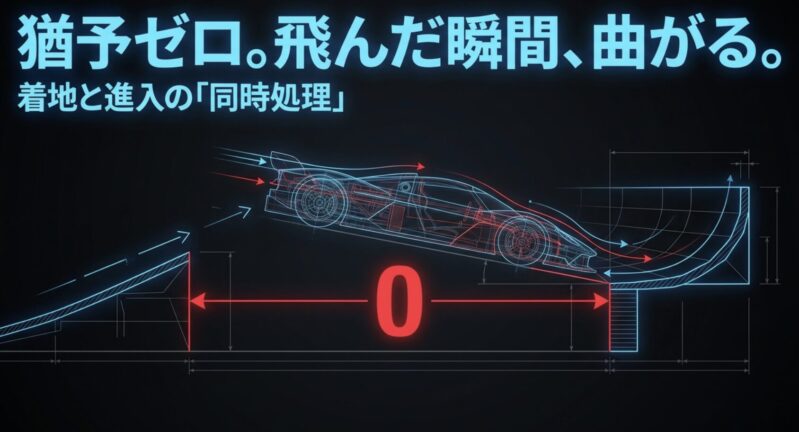ミニ四駆の0枚着地において着地とコーナー進入を同時処理する猶予ゼロの図解