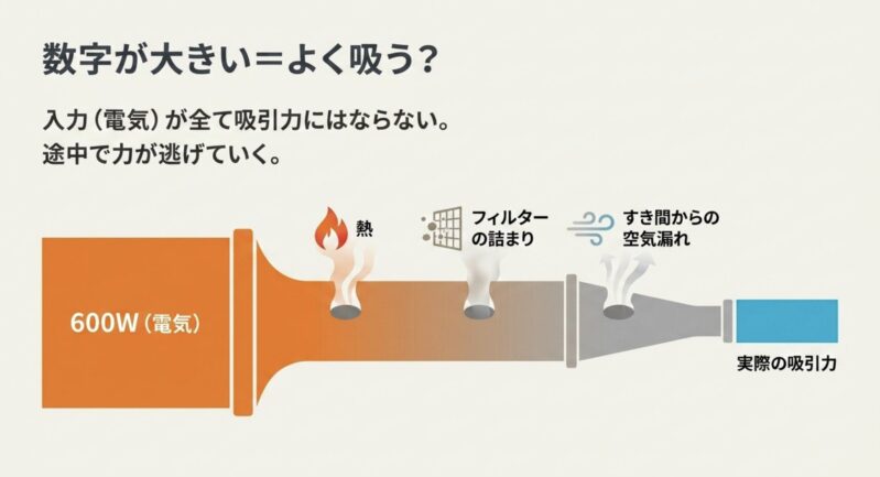 掃除機の電力が熱やフィルターの詰まりなどで実際の吸引力になるまでに逃げていく仕組み