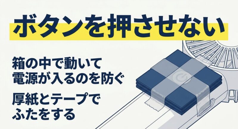 箱の中でハンディファンの電源ボタンが押されないよう厚紙とテープで保護する