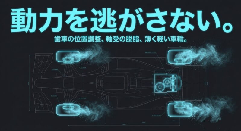 歯車の位置調整、軸受の脱脂、薄く軽い車輪を用いて動力を逃がさないための駆動系パーツの解説図