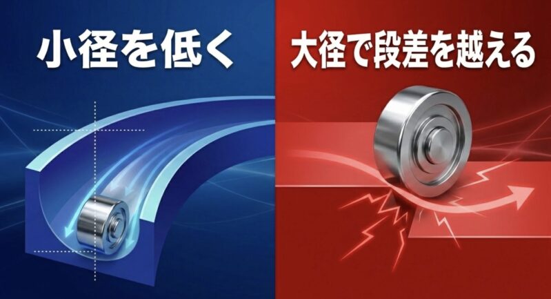 3レーンは小径を低く、5レーンは大径で段差を越えるローラーセッティング