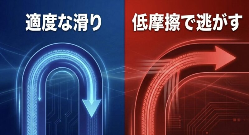 適度な滑りを狙う3レーンと、低摩擦で逃がす5レーンのタイヤ選び