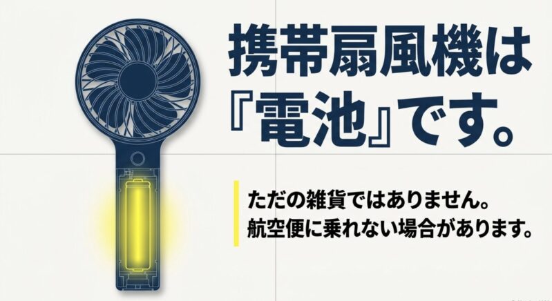 携帯扇風機は電池が内蔵されているため、航空便に乗れない場合があるという注意喚起