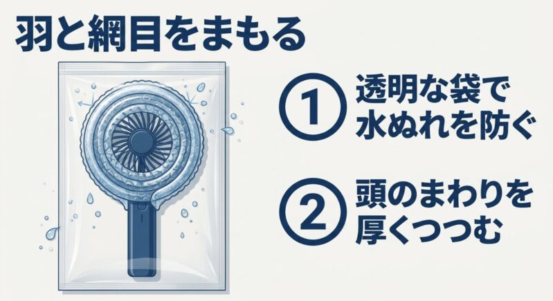 ハンディファンを透明な袋で水濡れから防ぎ、羽と網目をプチプチで厚く保護する手順
