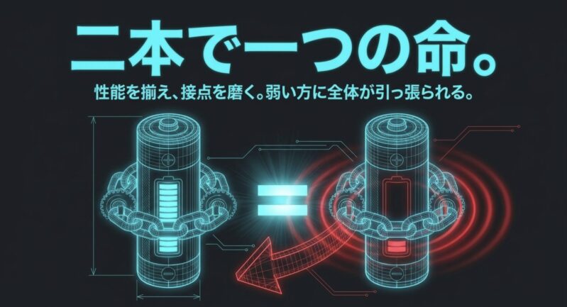 弱い方に全体が引っ張られるため、2本の電池の性能を揃える重要性を説いた「二本で一つの命。」の図解