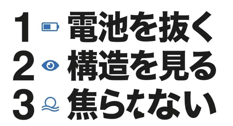 電池を抜く、2.構造を見る、3.焦らないというモーター外し方のまとめ