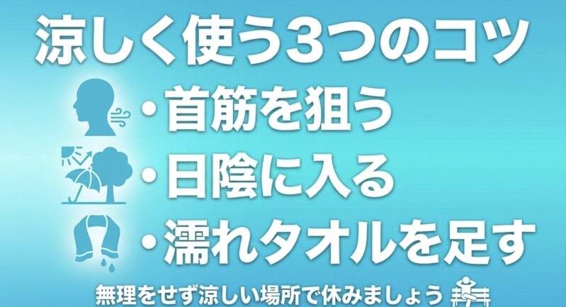 ハンディファンを涼しく使うための3つのコツとして、首筋を狙う、日陰に入る、濡れタオルを足すことをまとめたテキスト