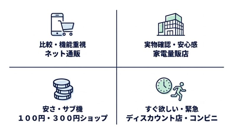 ネット通販、家電量販店、100均、コンビニなど店舗別の特徴と比較