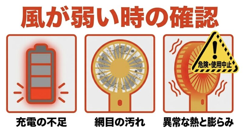 ハンディファンの風が弱い時の確認事項である充電の不足や網目の汚れ、および異常な熱や膨らみなど使用中止の危険サインを示す図