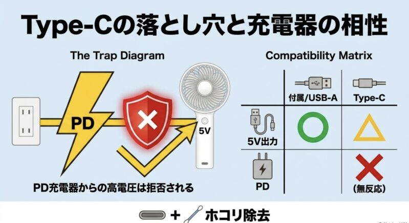 ハンディファンがPD充電器からの高電圧を拒否し、5V出力で充電する仕組みの図解