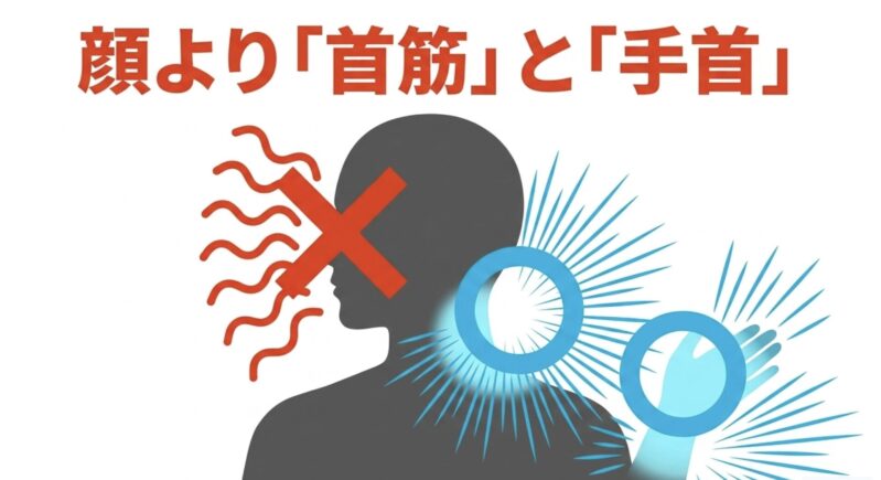 ハンディファンは顔よりも首筋と手首に当てるのが効果的であることを示すテキスト