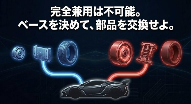 ミニ四駆の3レーンと5レーンで完全兼用は不可能であることを示すスライド