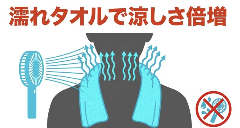 濡れタオルを併用することで涼しさが倍増することを示すテキスト