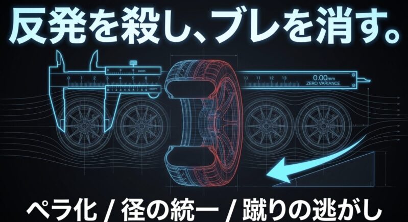 タイヤの反発を殺しブレを消すペラタイヤ化や径の統一を示す解説スライド