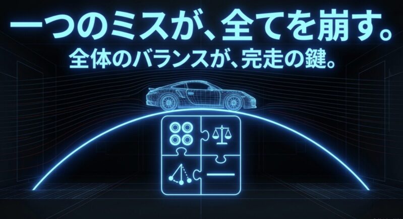一つのミスが全てを崩す0枚着地において、全体のバランスが完走の鍵であることを示すスライド