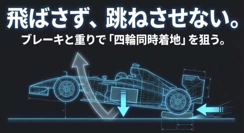 マシンを飛ばさず跳ねさせないために、ブレーキと重りで四輪同時着地を狙う理想のジャンプ姿勢