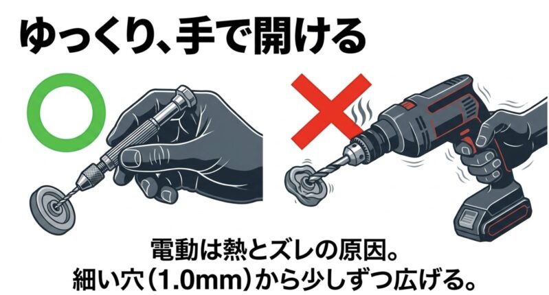 ミニ四駆ホイール貫通のピンバイス加工手順（手でゆっくり開けるコツ）