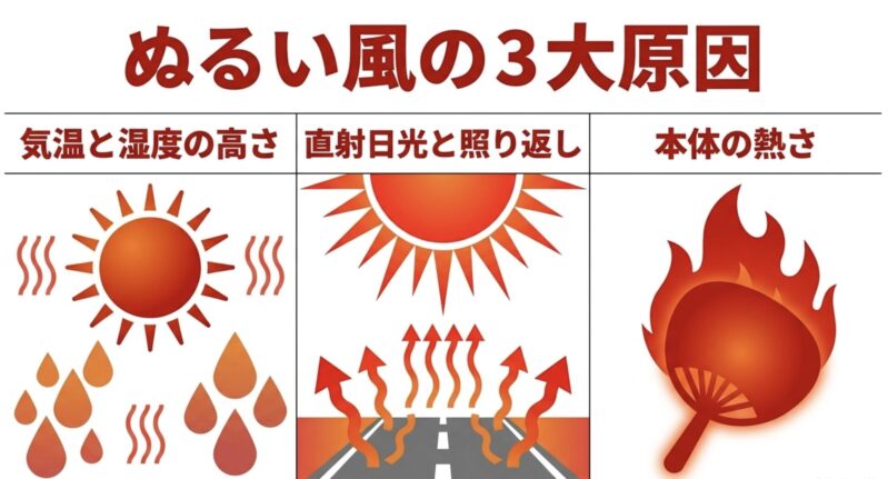 ハンディファンの風がぬるくなる3大原因である、気温と湿度の高さ、直射日光と照り返し、本体の熱さを示す図