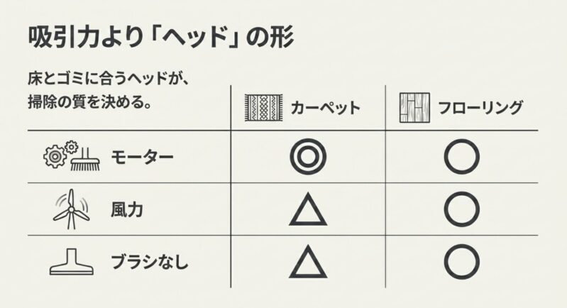 掃除の質を決めるのは吸引力よりも床とゴミに合うヘッドの形