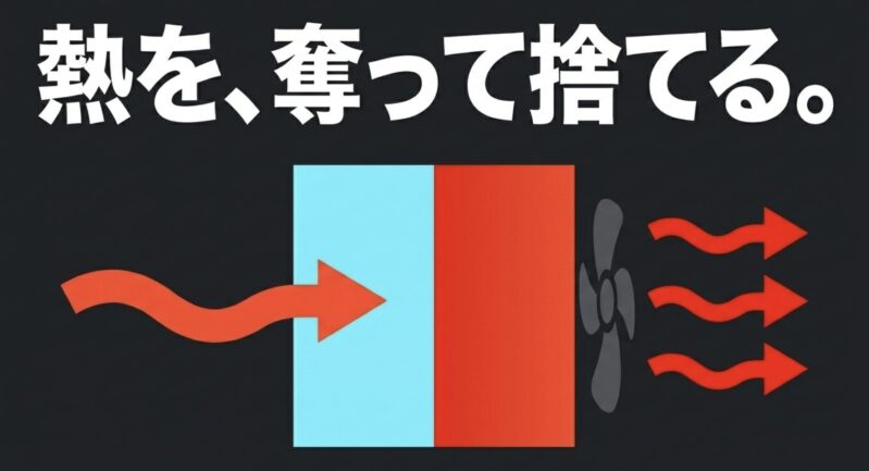 ペルチェ素子が冷却プレート側の熱を反対側へ移動させて排熱する仕組みを表すスライド